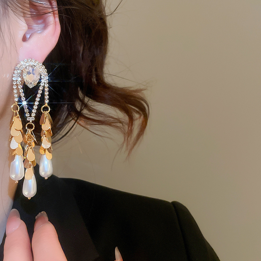 Gold Plated Silver Pin Inlaid Diamond Water Drop Pearl Earrings Vintage Heavy Earrings Jewelry Accessories