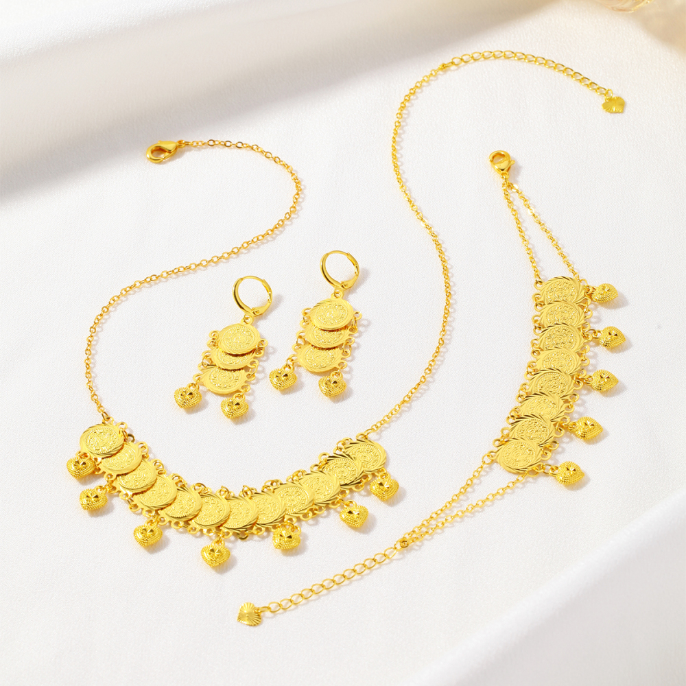 4pcs Middle Eastern Fashion Retro Heart Pendant Gold Coin Jewelry Set, Suitable For Daily Wear At Parties And Banquets, Holiday Gift