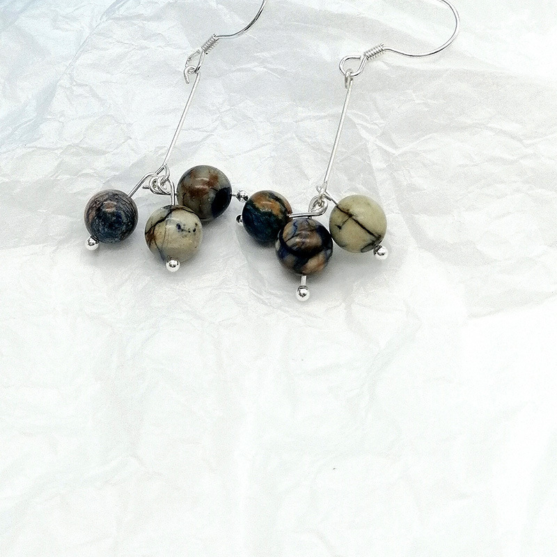 Natural Blue Copper Mine Earrings Women's S925 Silver Ear Needles INS Personality Trendy Three Lives Stone Ear Jewelry Hanfu Accessories