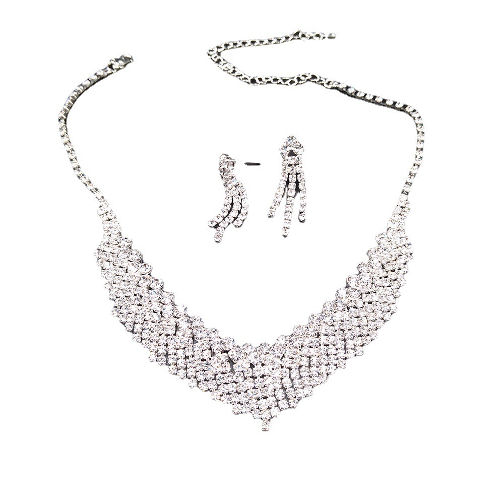 Exquisite Full Drill Claw Chain Evening Wedding Jewelry Earrings Necklace Set Fashionable Welding Accessories Elegant Round Oval Plated