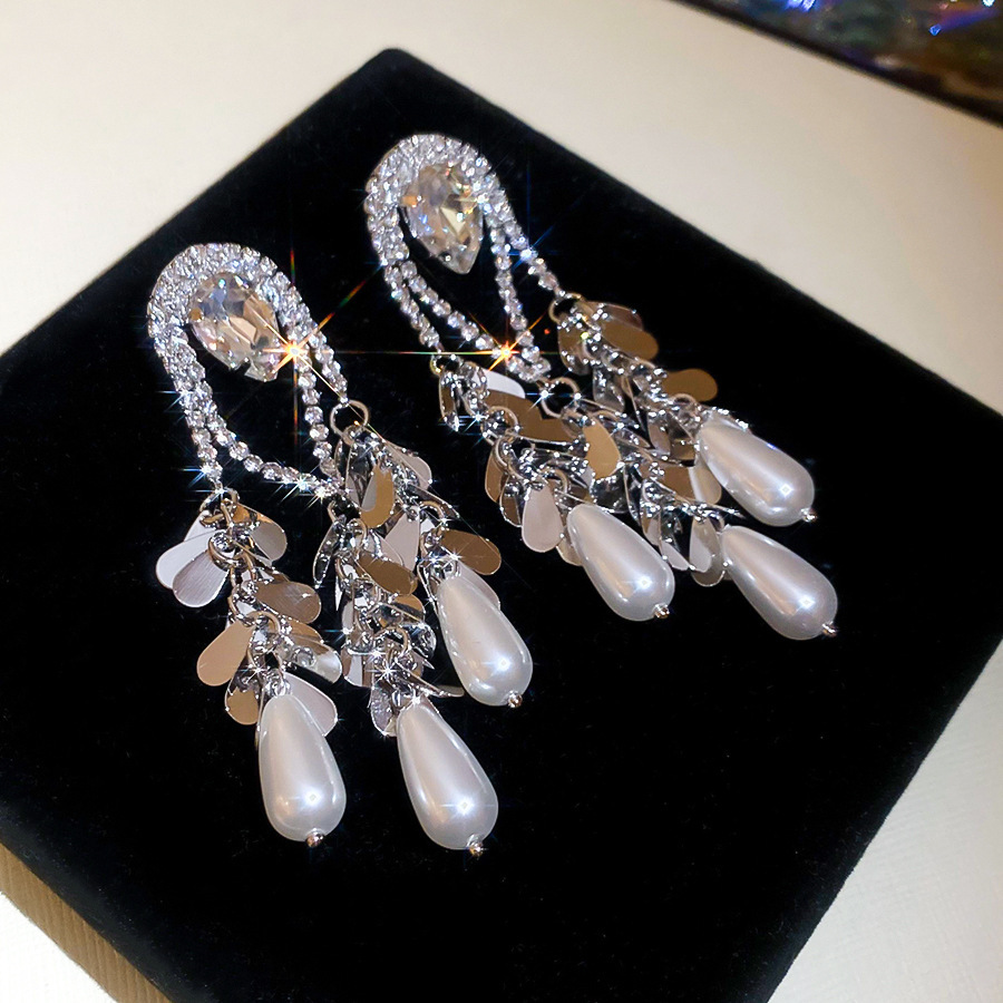 Gold Plated Silver Pin Inlaid Diamond Water Drop Pearl Earrings Vintage Heavy Earrings Jewelry Accessories