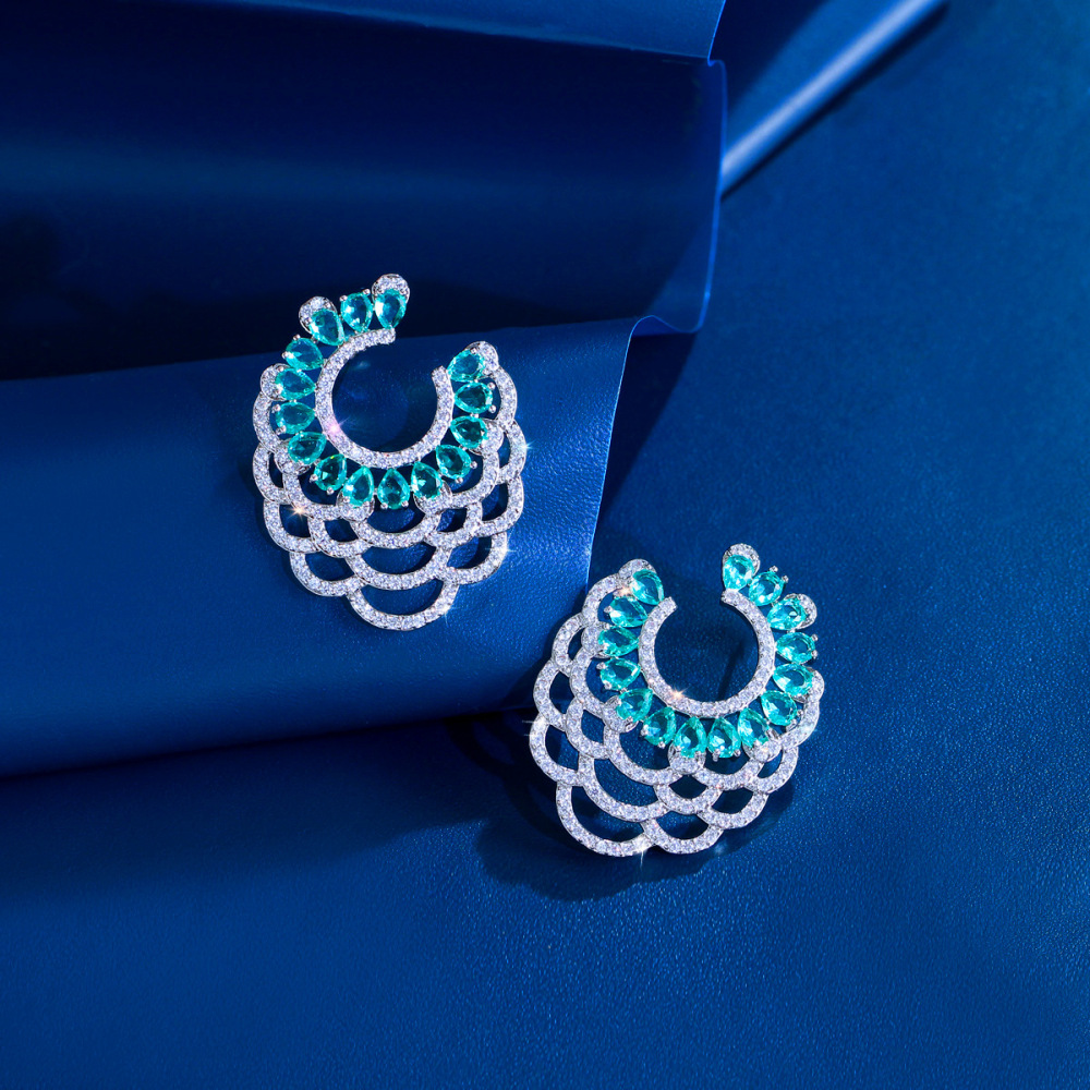 Women's Large Hoop Earrings Green Rhinestone Geometric C-Shape Drop Earrings Elegant French Copper Wedding Party Date Night Accessories