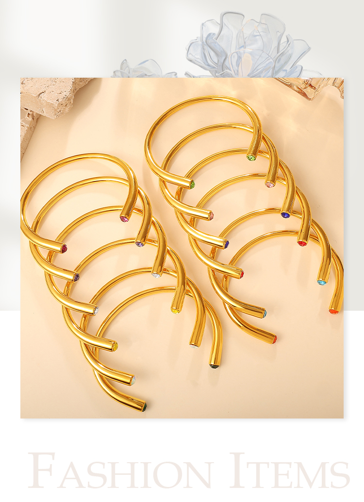 Multicolor Gemstone Open Bracelet Minimalist Colorful Diamond Jewelry Elegant Women's Bracelet 304 Stainless Steel Vacuum Electroplated 18K Real Gold