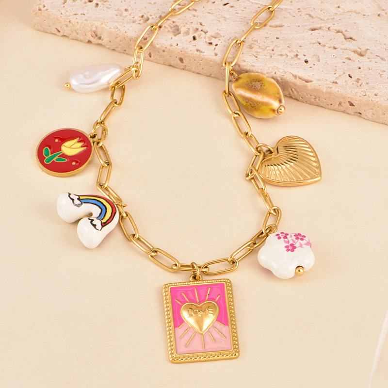 304 Stainless Steel Geometric Heart Shape PVD Coated 18K Real Gold Plated Retro Classic Style Waterproof Non Tarnish Plating Cable Chain Lobster Trigger Clasp Closure Pendant Necklace