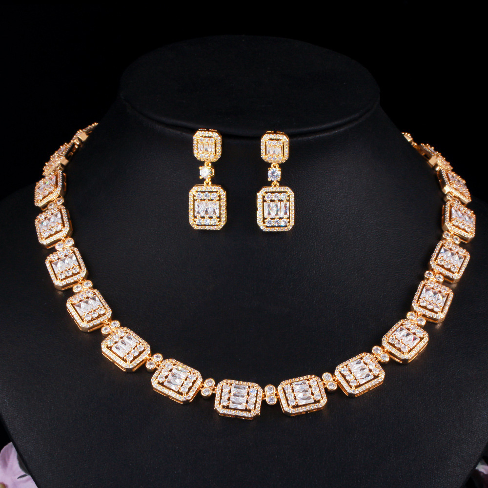 Water Plated Copper Material Rhodium Plated Inlaid Zircon Geometric Women's Banquet Jewelry Two-Piece Set Safety Clasp Wedding Season Valentine's Day