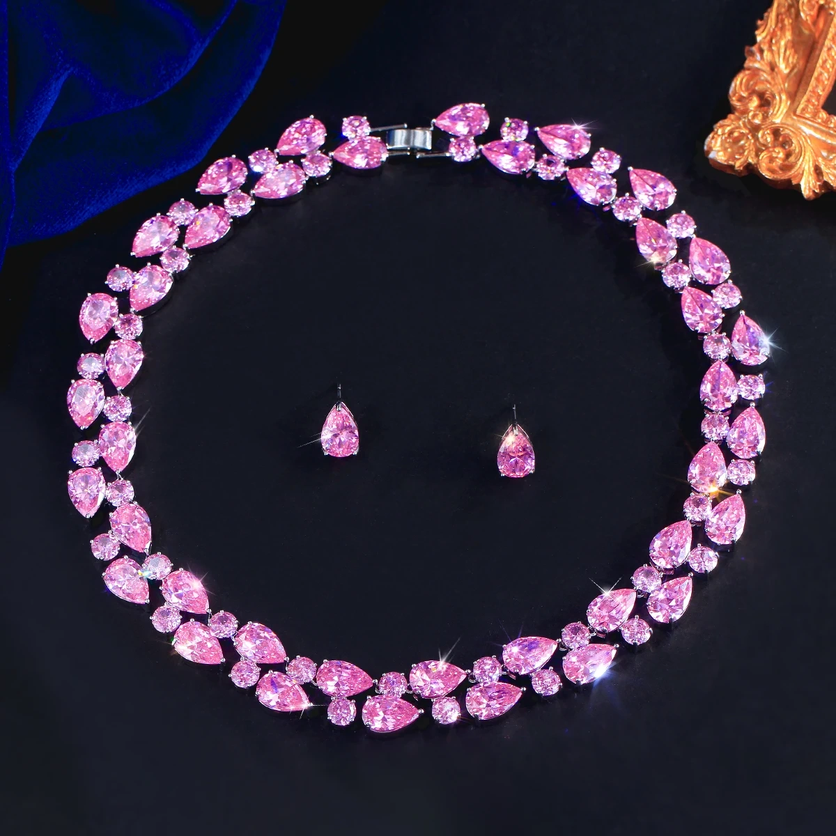 Copper Jewelry Two-Piece Set Luxurious Pink Water Drop Zircon Crystal Necklace Earring Set Suitable For Women Valentine's Day Wedding Party Wear Best Gift Choice