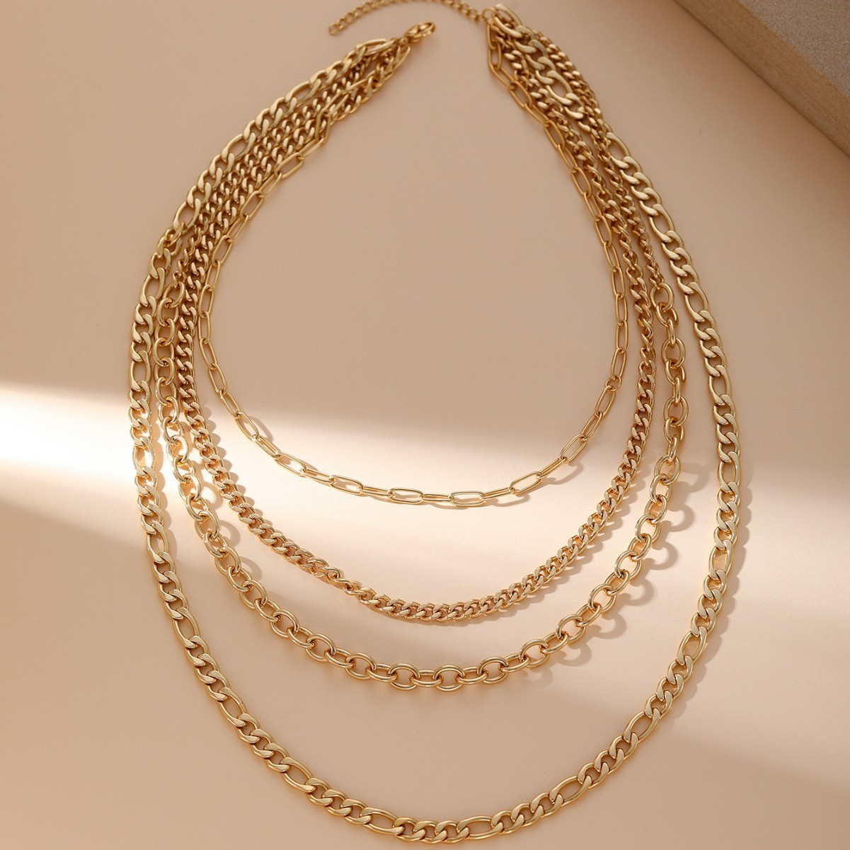 Amazon Cross-Border New Multi-Layer Cuban Paperclip Chain Necklace UV Electroplated 18K Real Gold Fashion Versatile Geometric Collarbone Chain Necklace