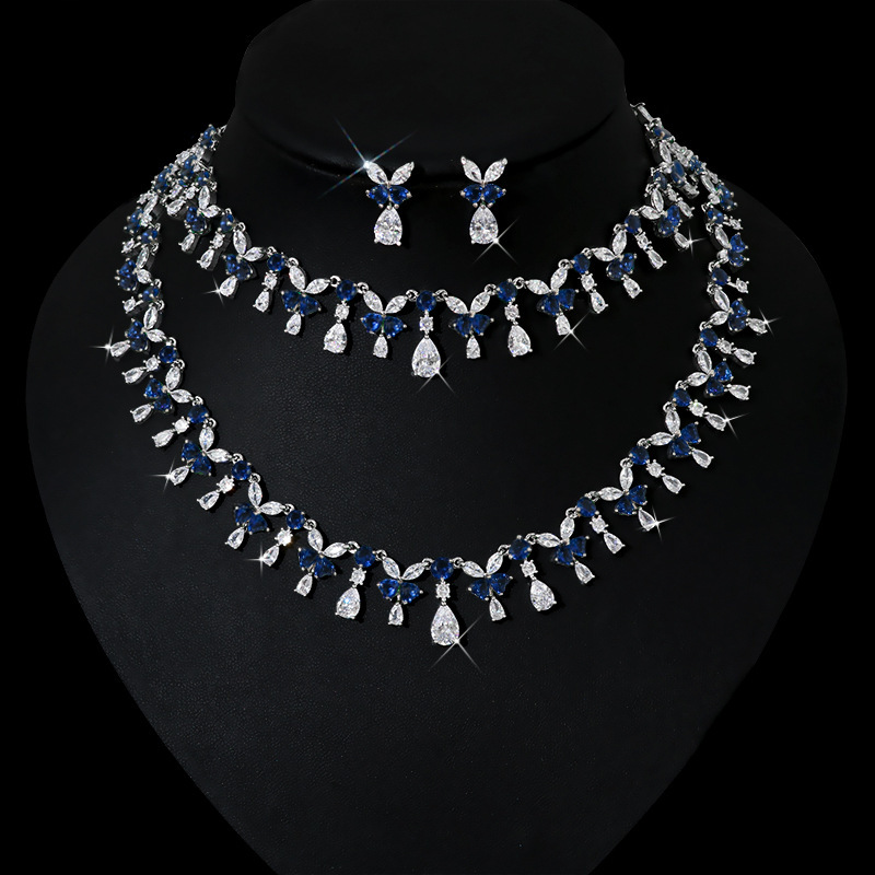 Luxurious Wedding Party Drop Earrings Pendant Necklace Set Casual Versatile Three-piece Copper Zirconia Jewelry For Women