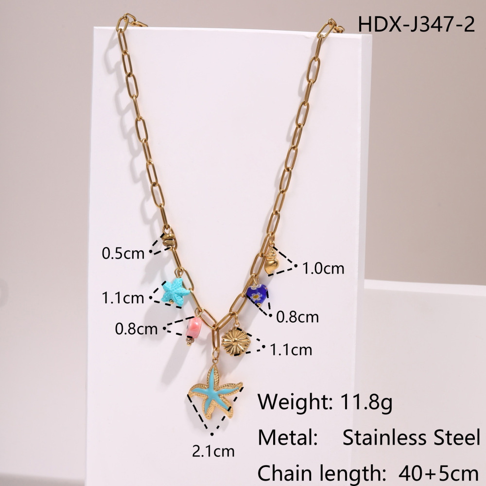 Fashionable Holiday Star Flower Pendant Pearl Embedded Shell Stainless Steel Necklace Clavicle Chain Geometric Pattern Bohemian Style Women's Luxury PVD Coating