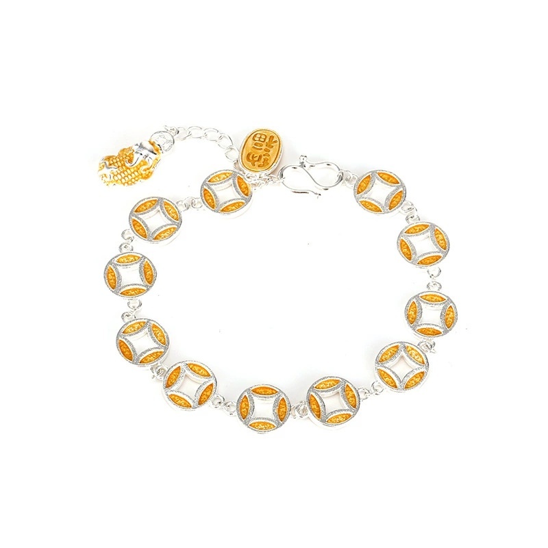 Universal Electroplated Silver Geometric Pattern Copper Vintage Ethnic Style Gold-Plated Pixiu Bracelet For Women New Chinese Style National Style Wealth-Attracting Fortune Copper Coin Hand Jewelry