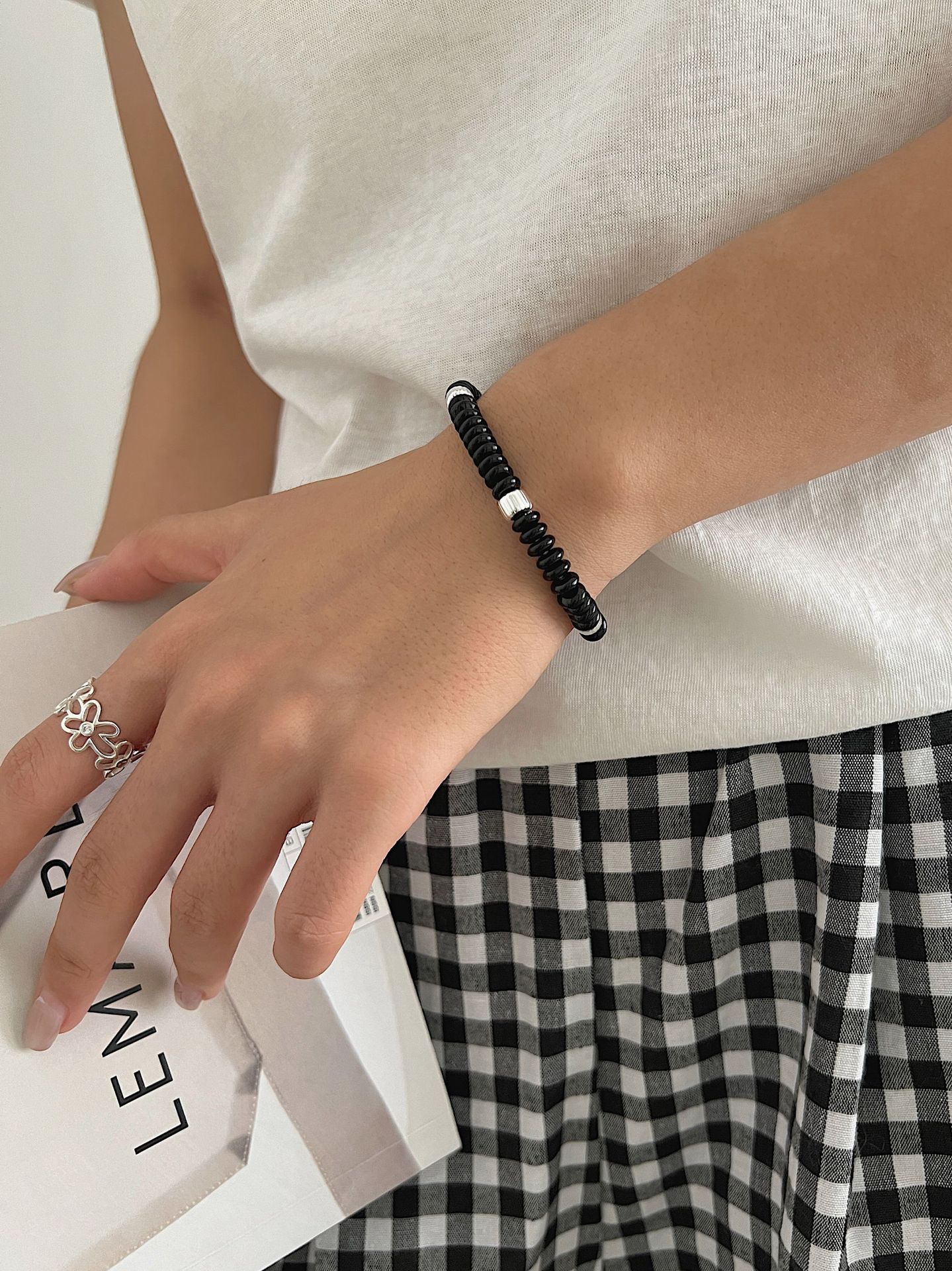 New Natural Stone Agate S925 Pure Silver Beaded Elastic Colorful Fashionable Macaron Hand Bracelet New Style Women's Accessory