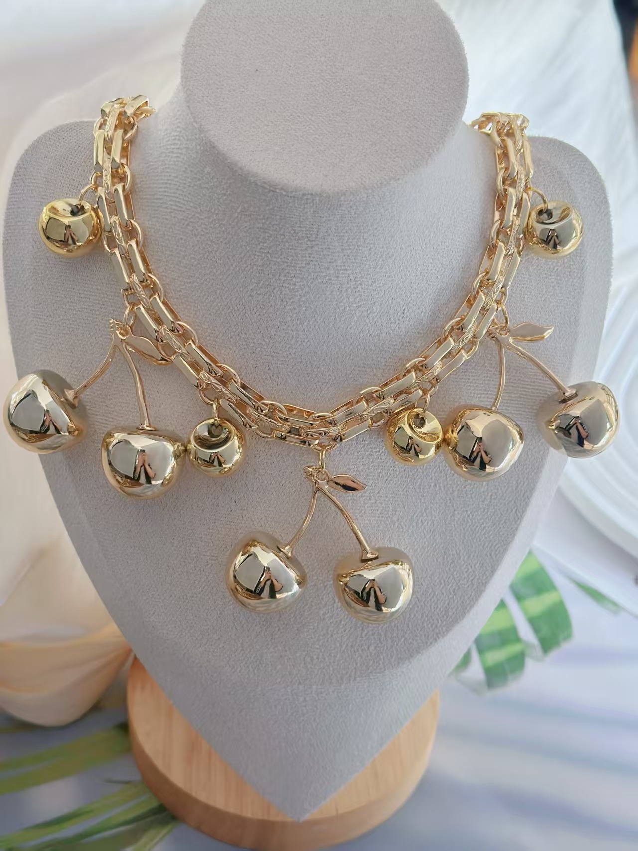 Wholesale Jewelry Elegant Classic Style Cherry Fruit Copper Gold Plated Multi Charms Necklace