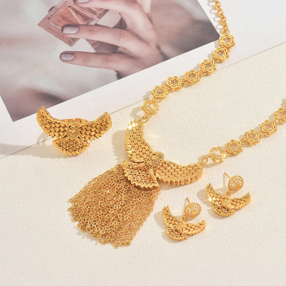Middle East Dubai Luxurious Elegant Eagle Tassel Necklace Earrings Ring Four-Piece Set Wedding Bride Banquet Accessories