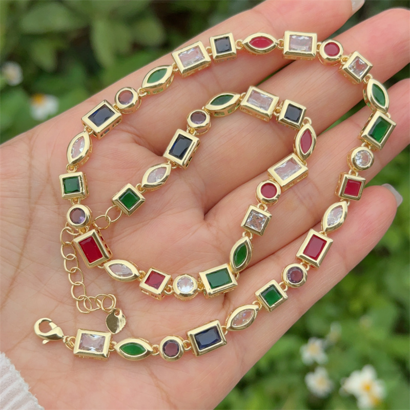 Wholesale Jewelry Classic Style Geometric Copper Zircon 18K Gold Plated Bracelets Necklace Jewelry Set Italian Charm & Links