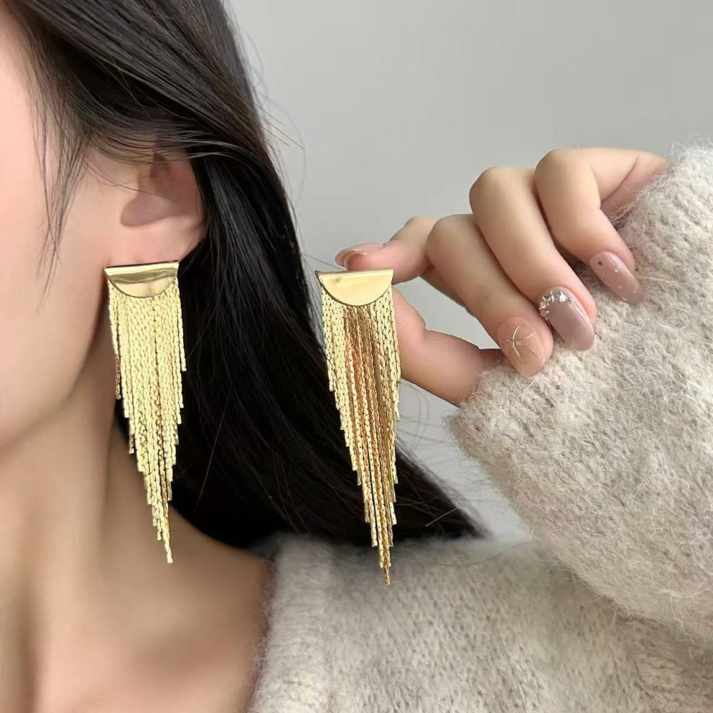 Long Tassel French Metal Earrings For Women, Simple Silver Needle Jewelry Accessories For Evening Banquets