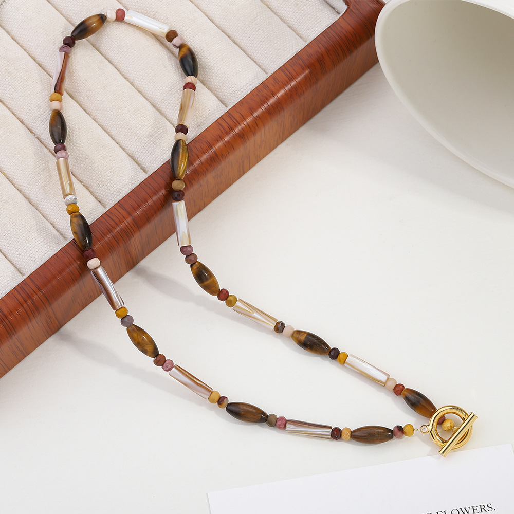 French Style Coffee Beads Tiger Eye Stone Necklace Sweater Chain Middle-Aged OT Buckle Classic Quality Unique Clavicle Chain
