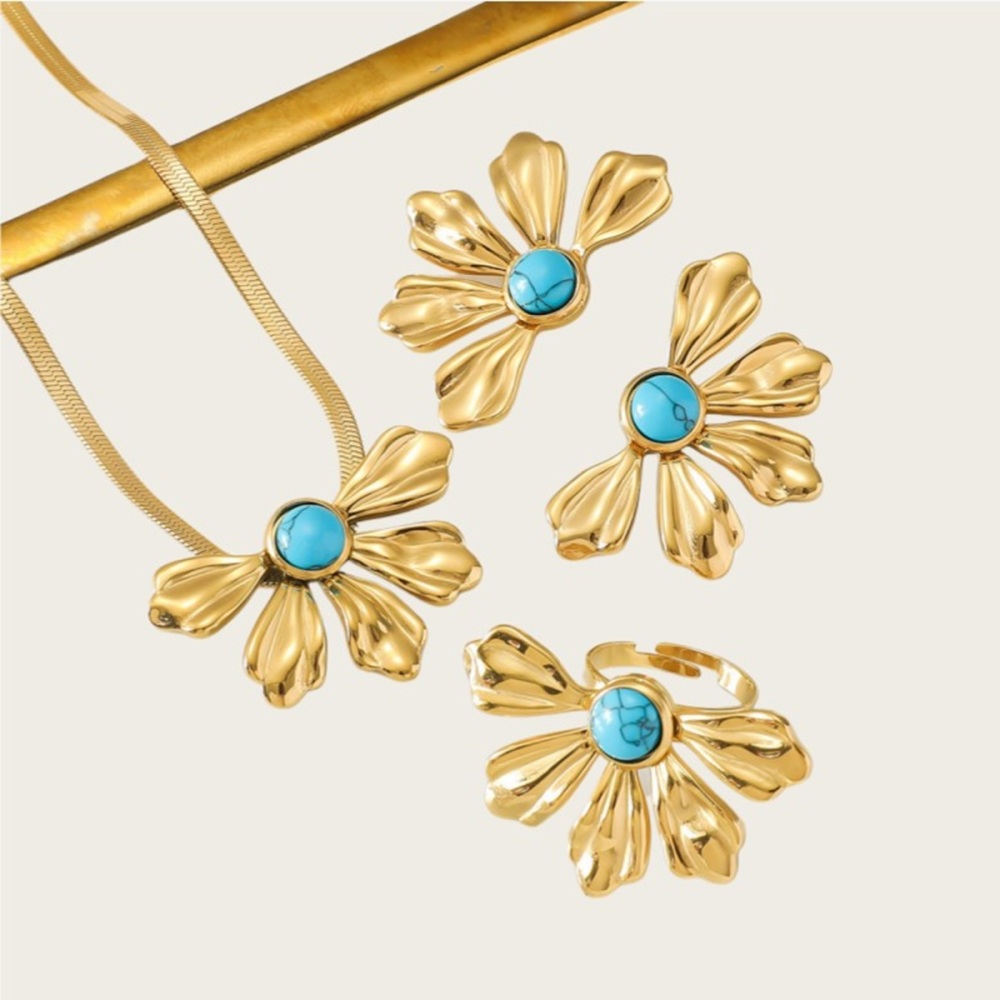 Stainless Steel 18K Vacuum Gold Plated Personality Trendy 18K Water Drop Petal Shape Blade Chain Necklace Titanium Steel Three-Piece Jewelry Set Women's Jewelry Accessories