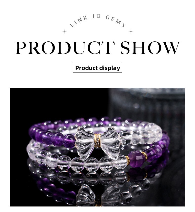 JD Jewelry Double Ring Bracelet Natural Amethyst White Crystal Bow Simple Style Fashion Sweet Style Women's Accessories