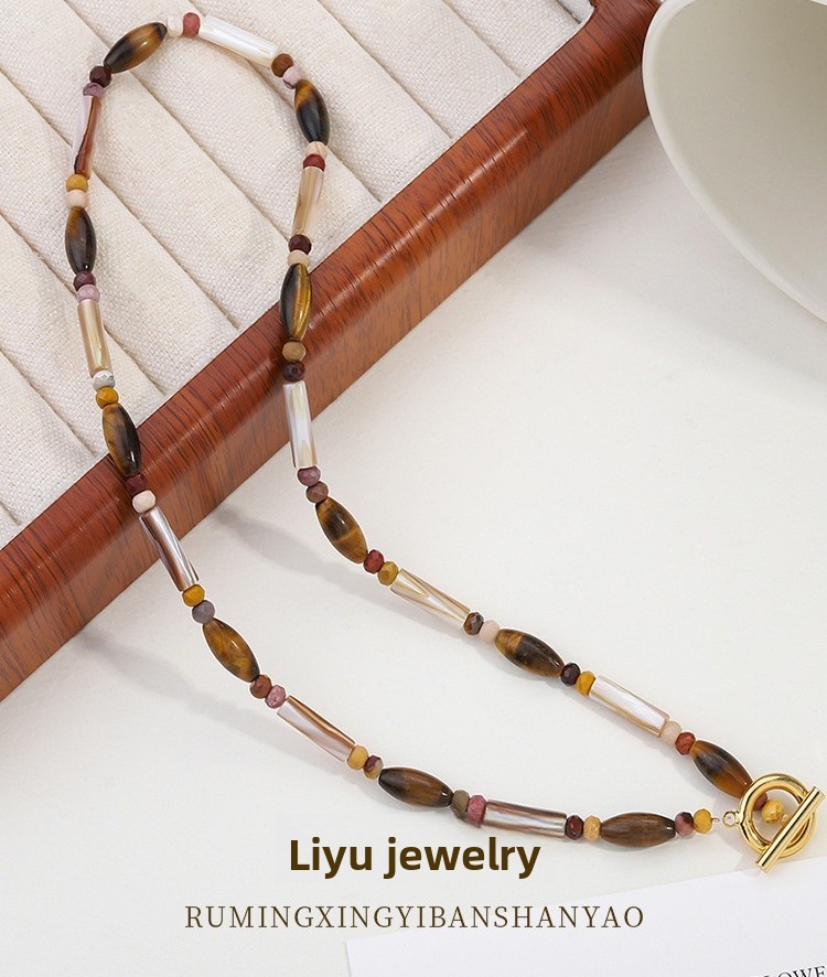 French Style Coffee Beads Tiger Eye Stone Necklace Sweater Chain Middle-Aged OT Buckle Classic Quality Unique Clavicle Chain