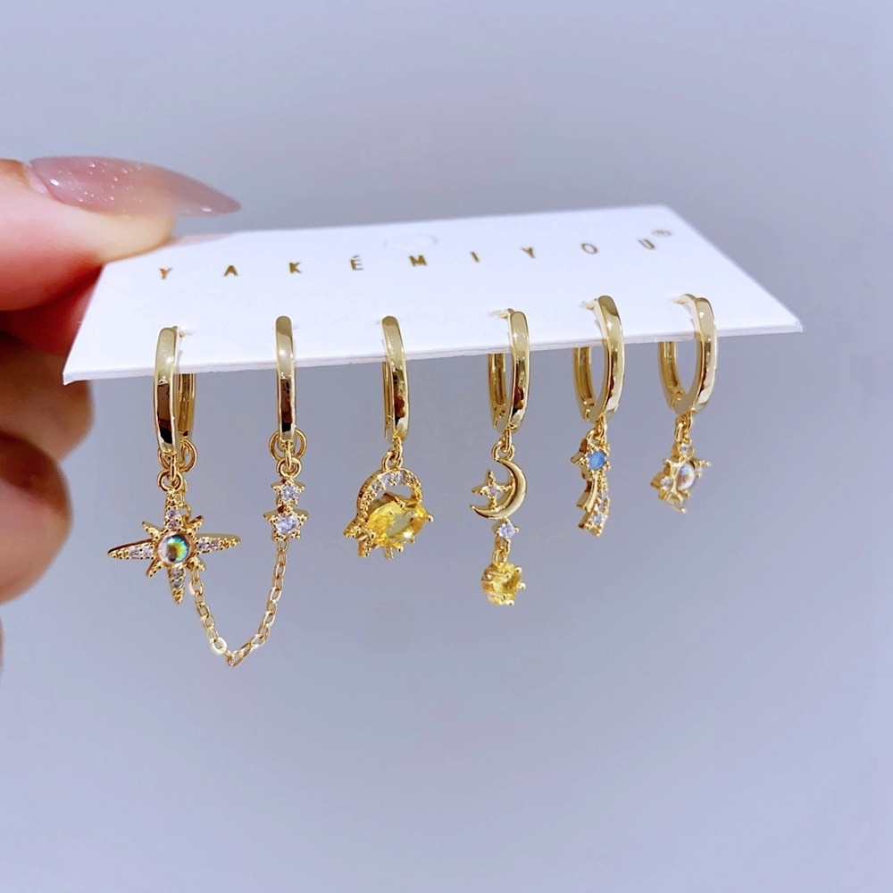 Yellow Zircon Ear Clip Set Luxury 6-piece Set Grid Ladies Jewelry Accessories Star Copper Material