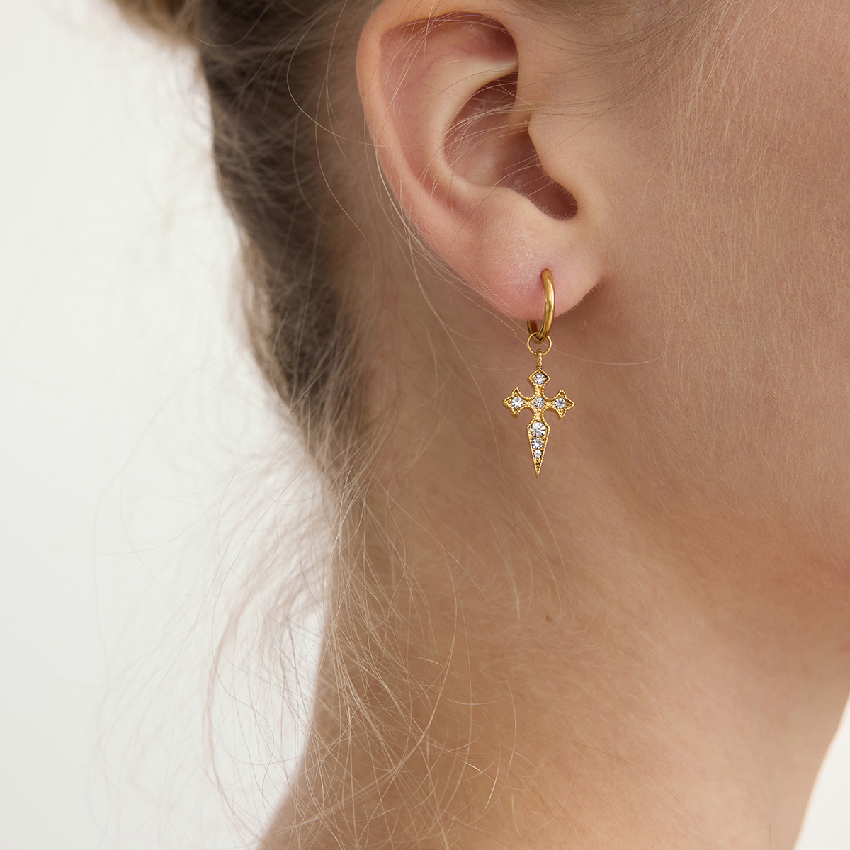 Women's Classic Style 18K Gold Stainless Steel + Rhinestone White Rhinestone Cross Pendant Earrings Pair