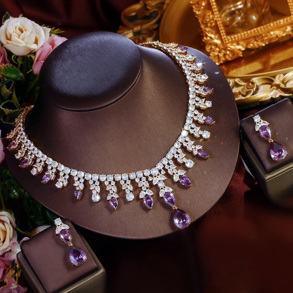 Elegant Teardrop Purple Zircon 2-Piece Copper Jewelry Set For Women - Luxury Wedding Party Date Night Accessory
