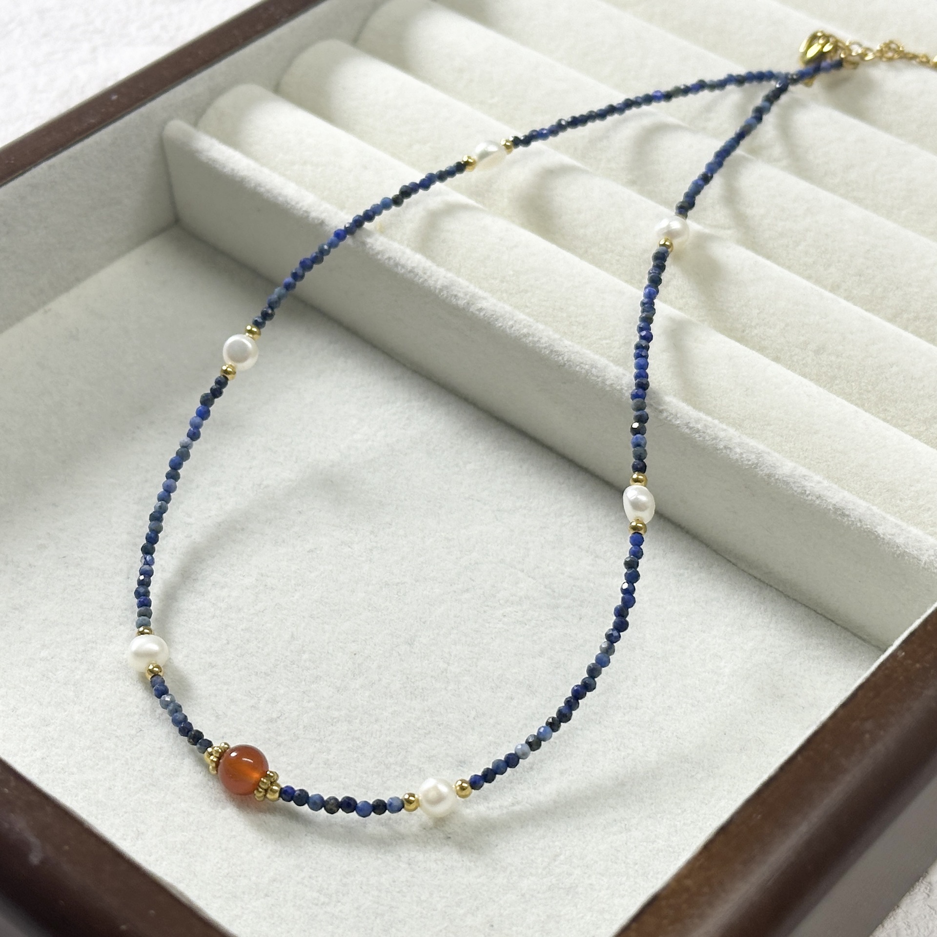 Retro High-End Titanium Steel Necklace With Turquoise Beads Freshwater Pearls Red Agate Clavicle Chain Sweater Chain For Women
