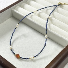 Style Two Lapis Lazuli Freshwater Pearl Red Agate Titanium Steel Necklace