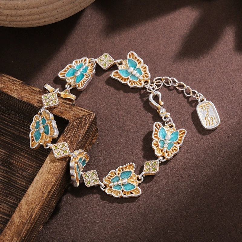 Silver-Plated Bracelet With Gold-Plated Enamel Butterfly Vintage Peace And Joy Bracelet For Women Enamel Gold-Plated National Style High-End Feel