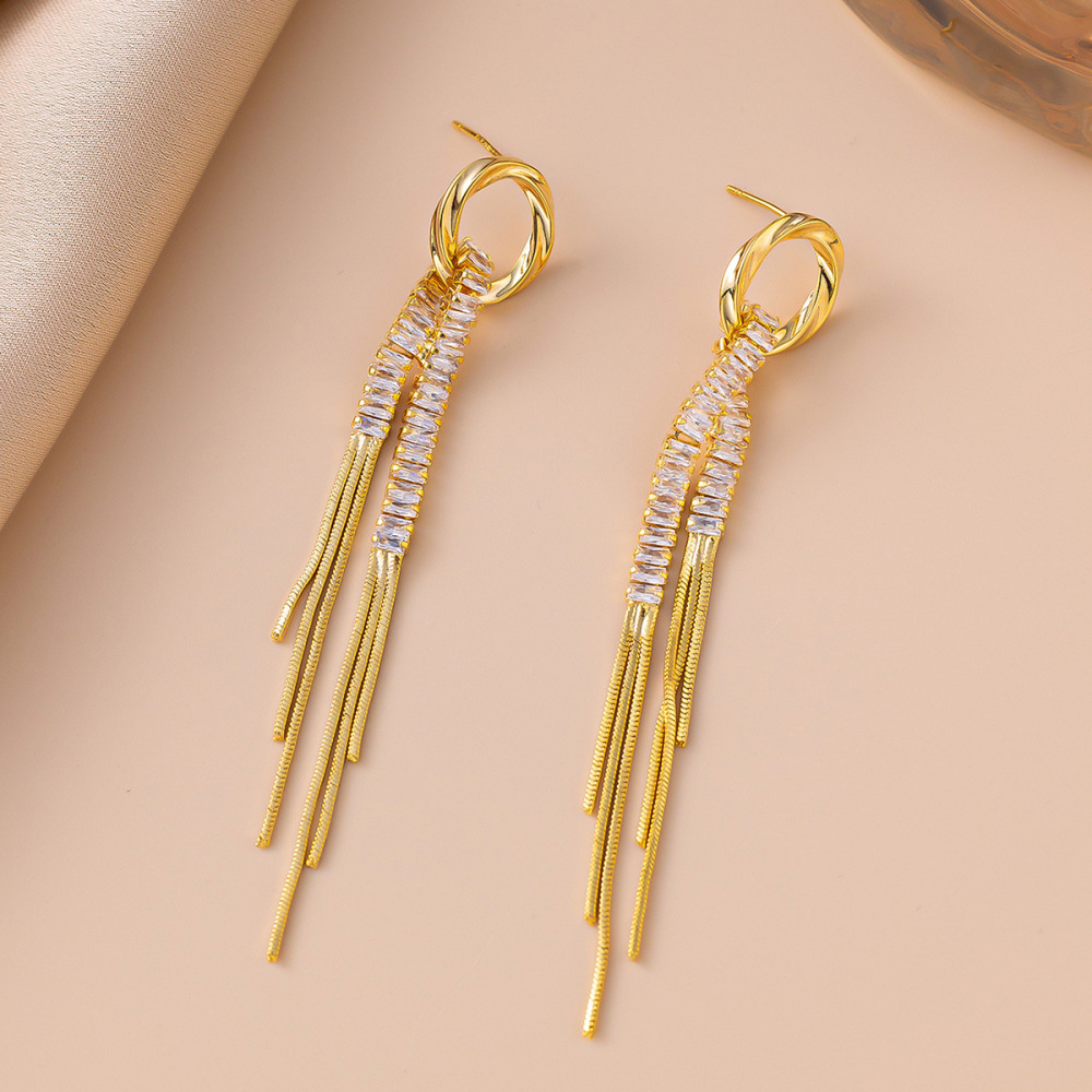 Tassel Long Chain Zircon Earrings Elegant Geometric Pattern Stainless Steel Women's Jewelry Accessories  Style