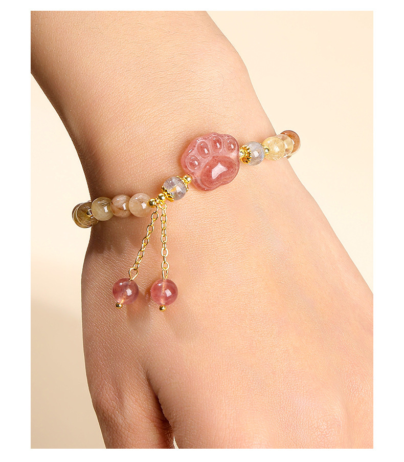 Natural Crystal Cat Paw Bracelet For Girls Cute Tassel Accessories Strawberry Crystal Hair Jewelry Crystal Animal Pattern Jewelry
