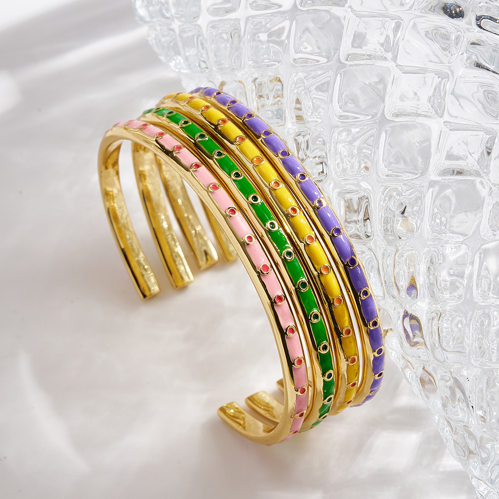 INS Style New Jewelry Color Retention Electroplated Copper Colorful Oil Drop Open Bracelet Casual Modern Style C-shaped Round Simple Water Plated 18K Real Gold C-shaped Bracelet/Cuff Bracelet Wholesale