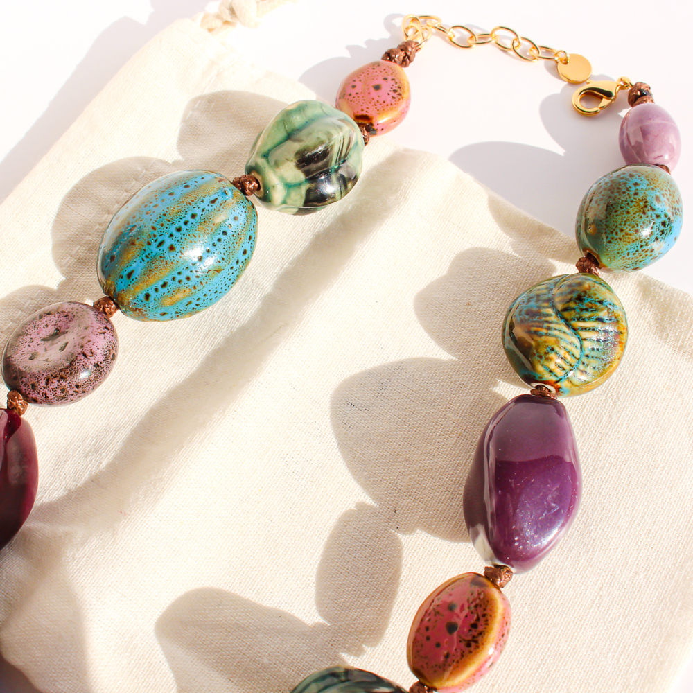 Art Oil Painting Color Plated 24K Real Gold Contrast Old Ceramic Handmade Beaded Necklace Women's Accessories 766