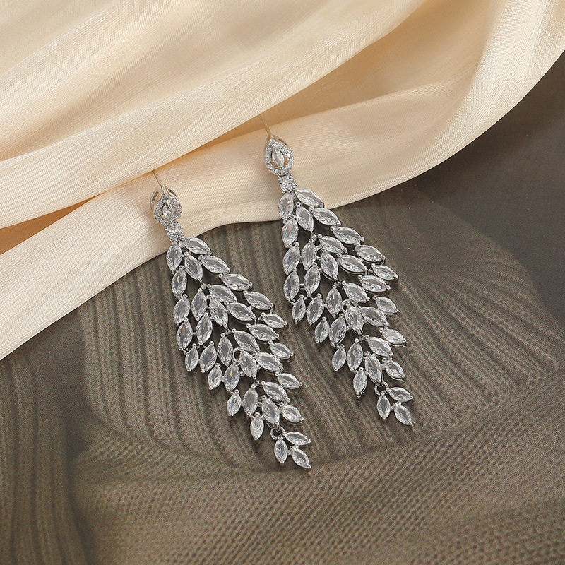 Elegant Long S925 Silver Needle Zircon Leaf Earrings Wedding Bride Jewelry Bohemian Floral Print Fairy Style Women's Accessories