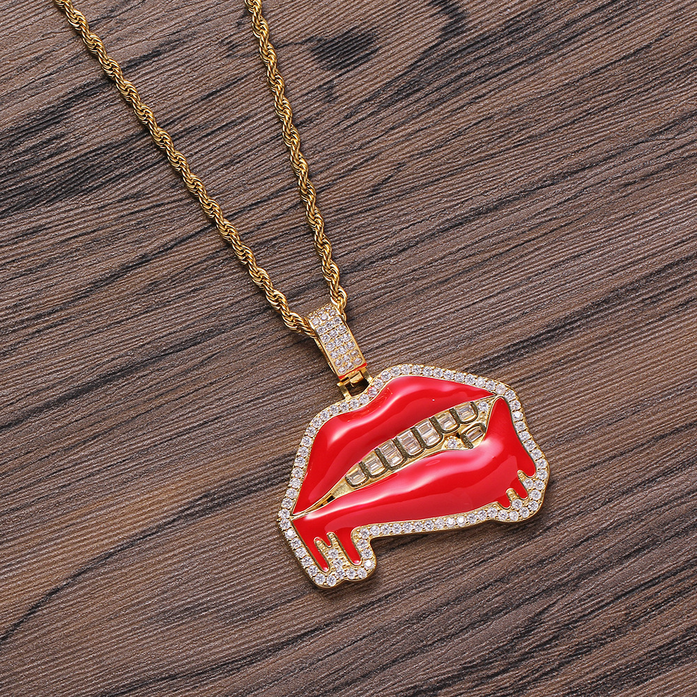 Big Red Lip Pendant Hip Hop Nightclub Dominant Wild Rap Accessories Red Lip Saliva Mouth Pendant Geometric Pattern Copper