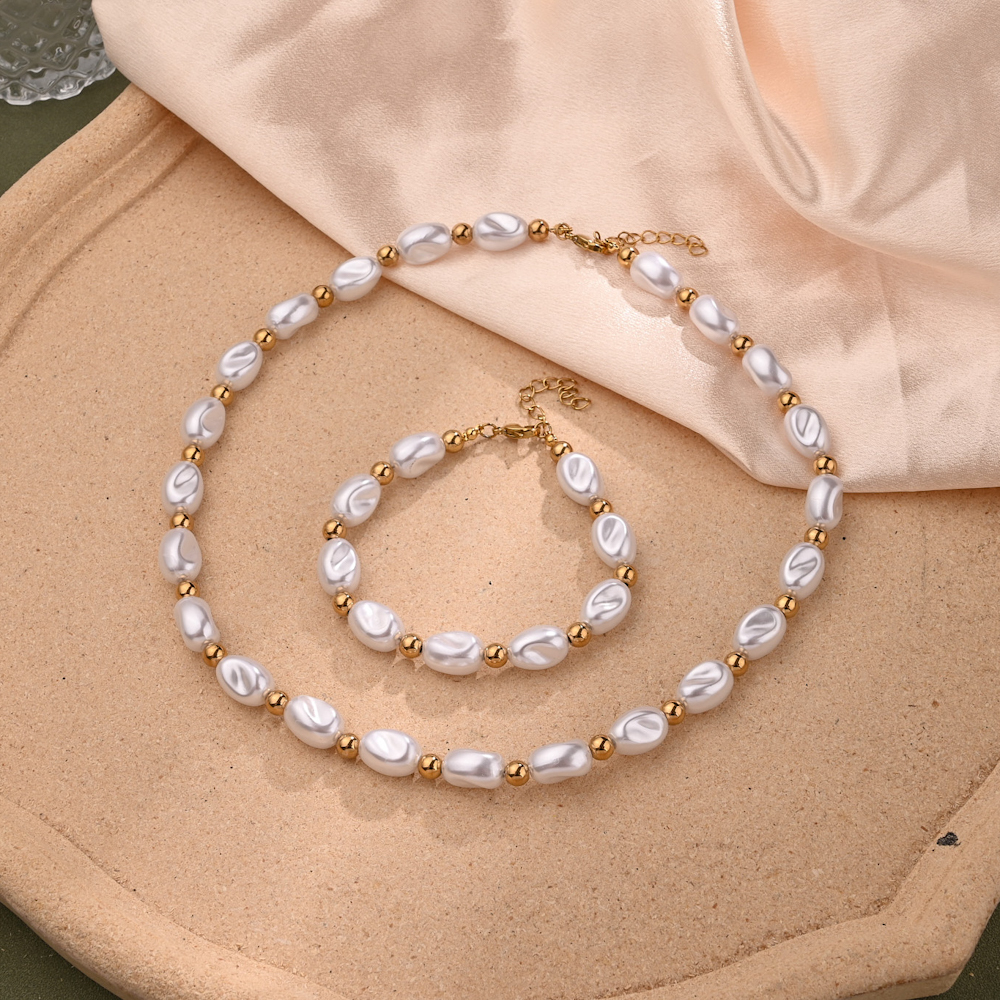 Women's 304 Stainless Steel Imitation Pearl Beaded Chain Polishing Irregular Round Bracelets Necklace Jewelry Set Imitation Pearl Jewelry