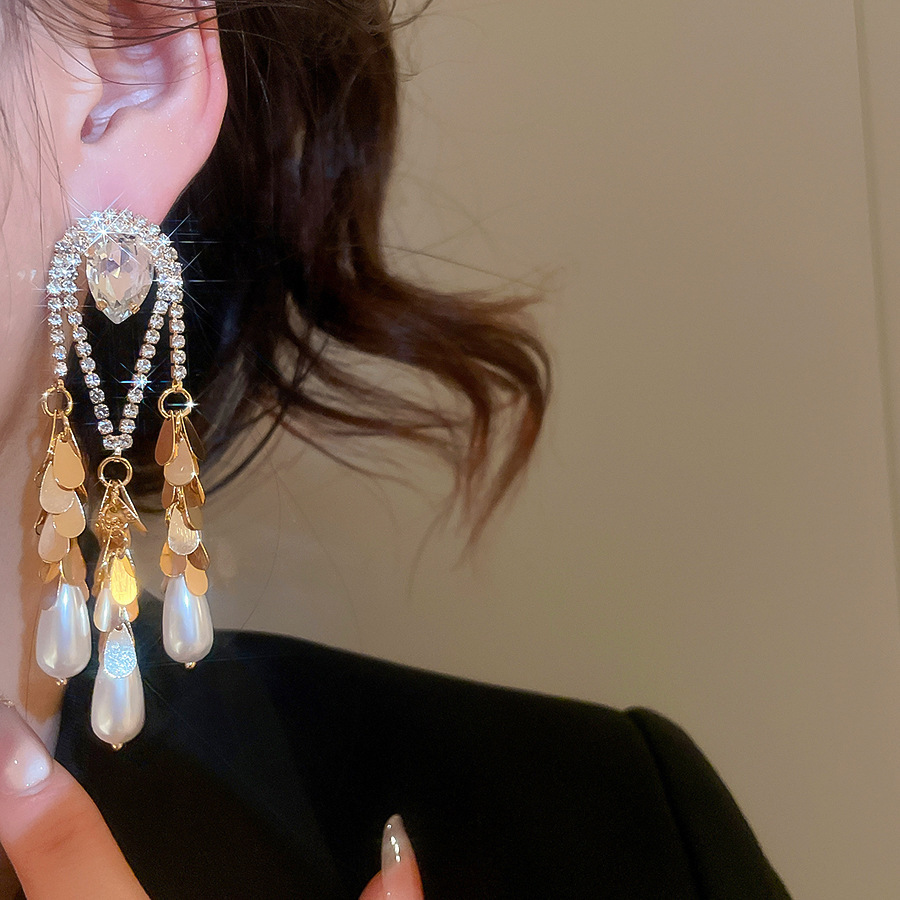 Gold Plated Silver Pin Inlaid Diamond Water Drop Pearl Earrings Vintage Heavy Earrings Jewelry Accessories