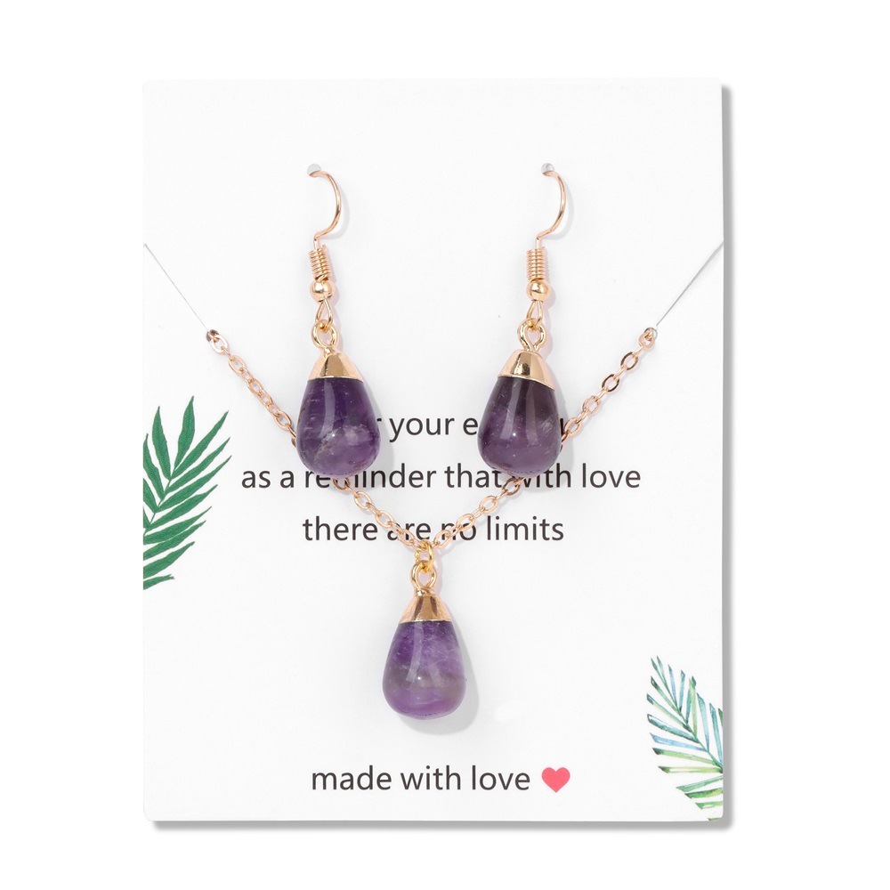 Simple Vintage Geometric Crystal Necklace Earring Set Waterdrop Natural Stone Pendant Unisex Jewelry Accessories