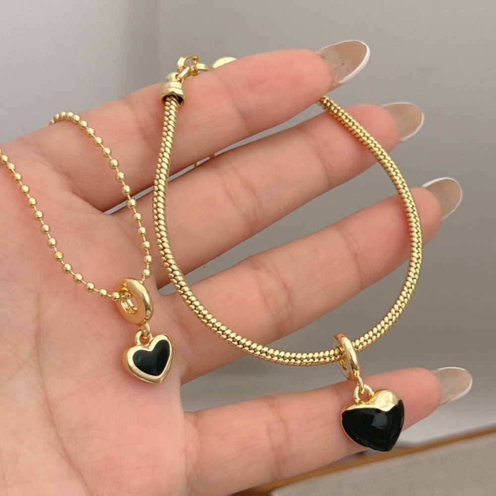 1 Set Of Heart Bracelet And Necklace Jewelry Suitable For Men And Women Couples Friends To Wear Copper Plated With 18K Gold Oil Drop Fashionable And Beautiful