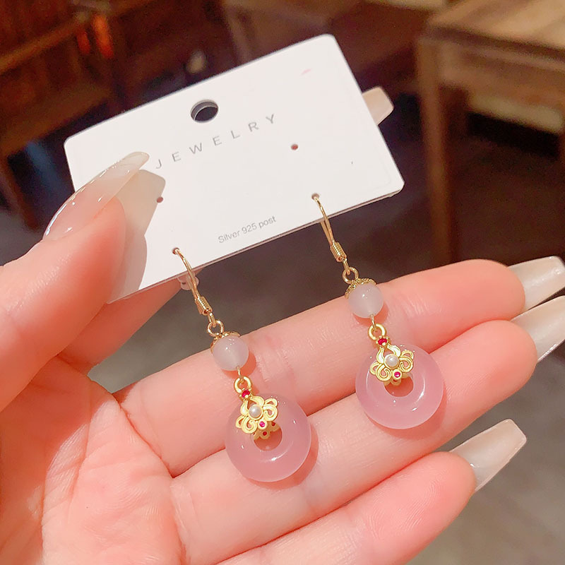 Trendy Commuter Ear Hooks New Chinese Style Geometric Pattern Natural Agate Earrings For Women Elegant Fashionable Popular