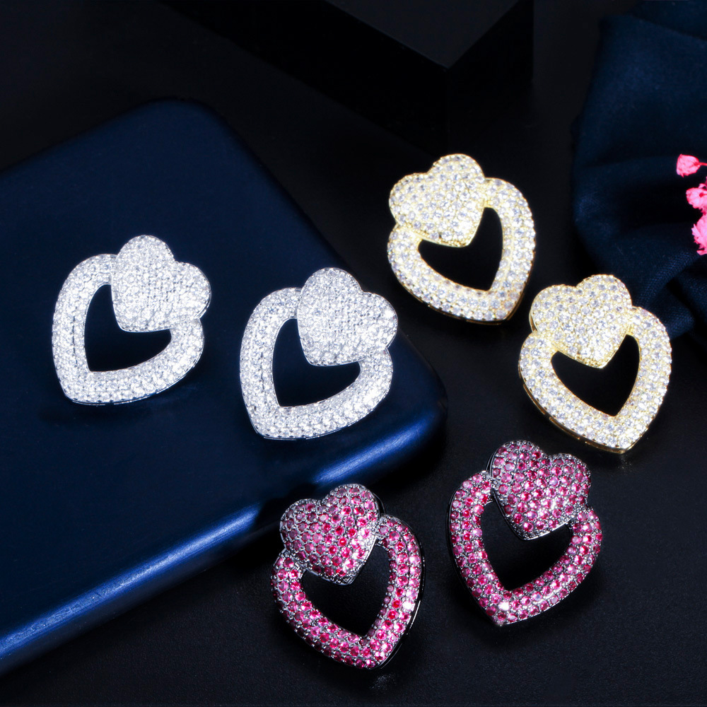 Copper Heart Shape Electroplating Zircon Rhodium Plated Classic Style Inlay Ear Studs
