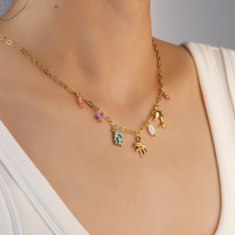 Fashion 304 Stainless Steel Shell Starfish Conch Necklace For Women Vacation Beach Ocean Style Coconut Tree Titanium Steel Jewelry Accessories