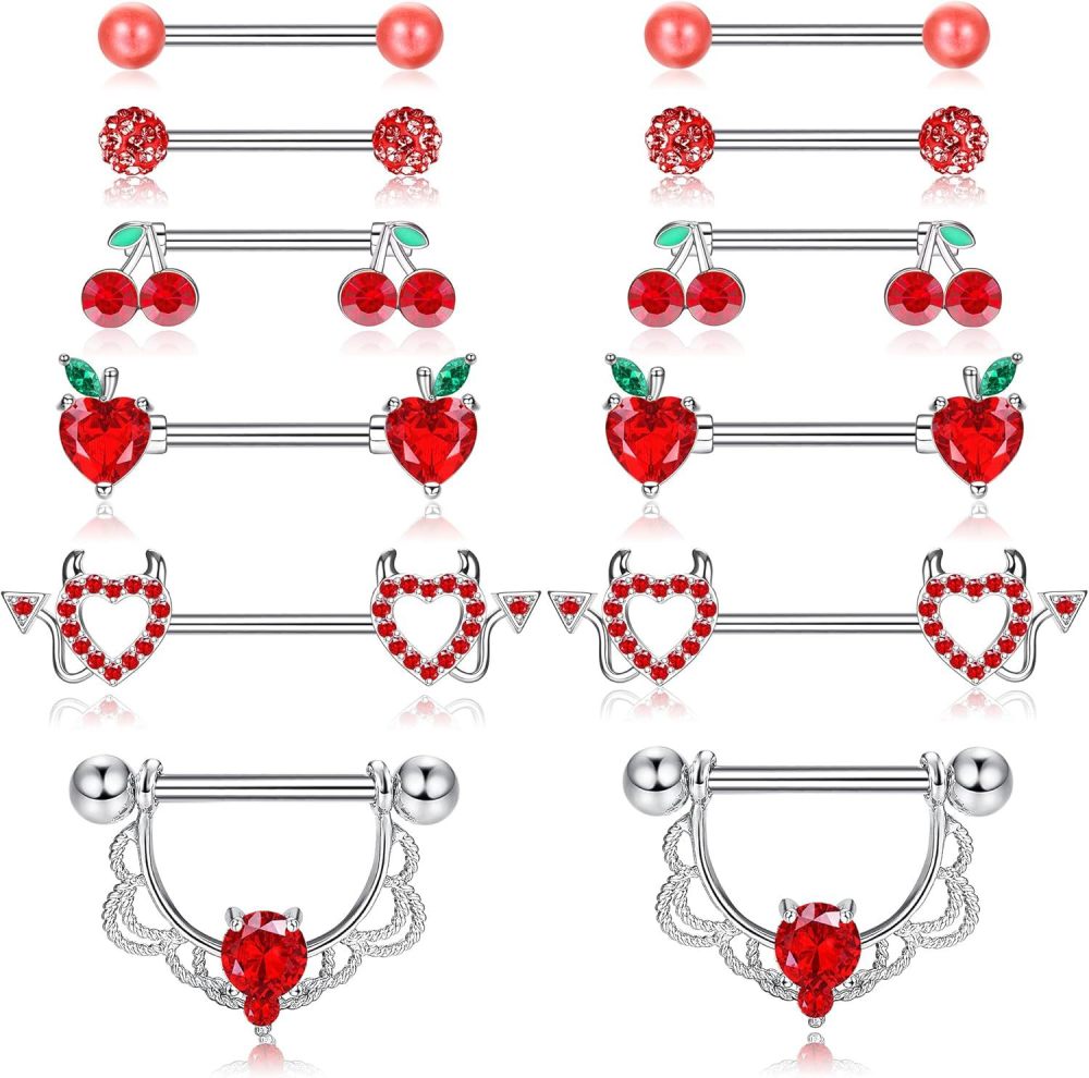 Red Diamond Embedded Heart Cherry Piercing Jewelry Set Women's Stainless Steel Fashion Accessories  Style