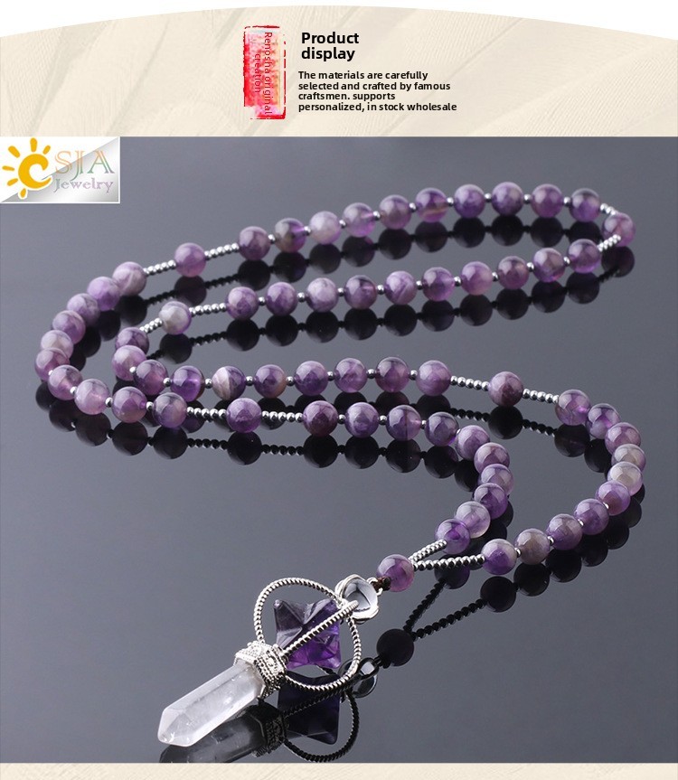 Natural White Crystal Column Long Necklace Merkaba Stone Bead Women's Sweater Chain Autumn Winter Versatile Simple Style Copper Accessories