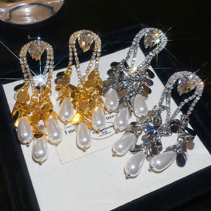 Gold Plated Silver Pin Inlaid Diamond Water Drop Pearl Earrings Vintage Heavy Earrings Jewelry Accessories