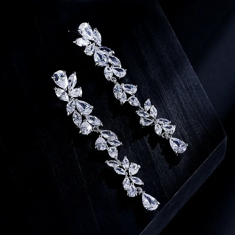 Elegant Long Tassel Earrings For Women With 3A Zirconia Embedded Fashionable Wedding Jewelry Accessories Geometric Pattern Copper Material