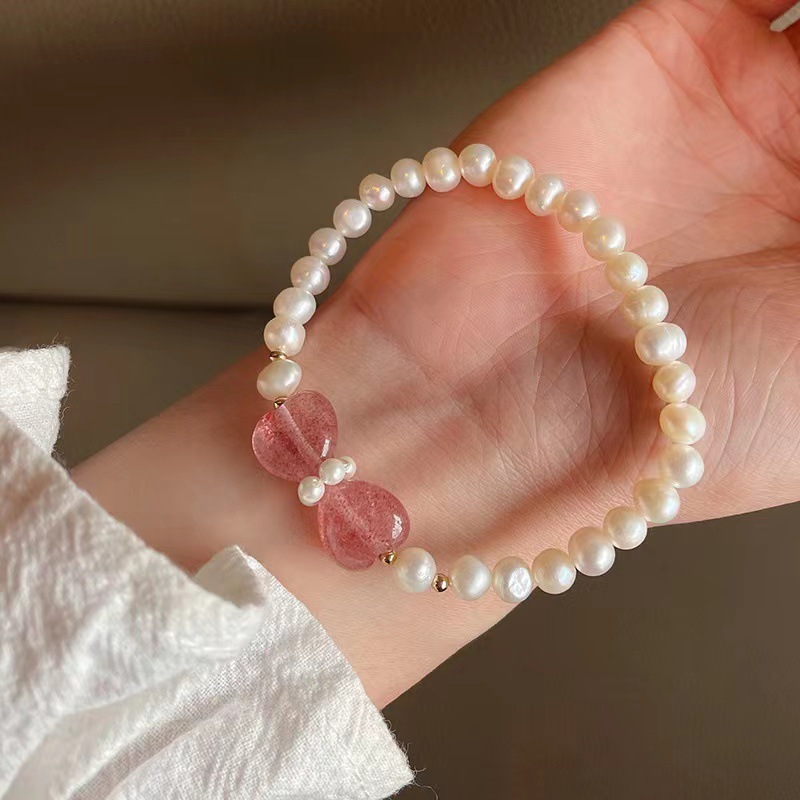 Pink Heart Shaped Freshwater Pearl Bracelet Women's Unique Strawberry Crystal Hand Chain Fashion Jewelry Accessories For Girls