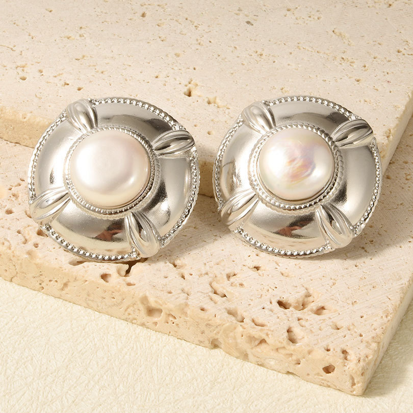 Natural Pearl Stud Earrings 304 Stainless Steel Irregular Round Lightweight Luxury Geometric Pattern Simple Earrings For Women