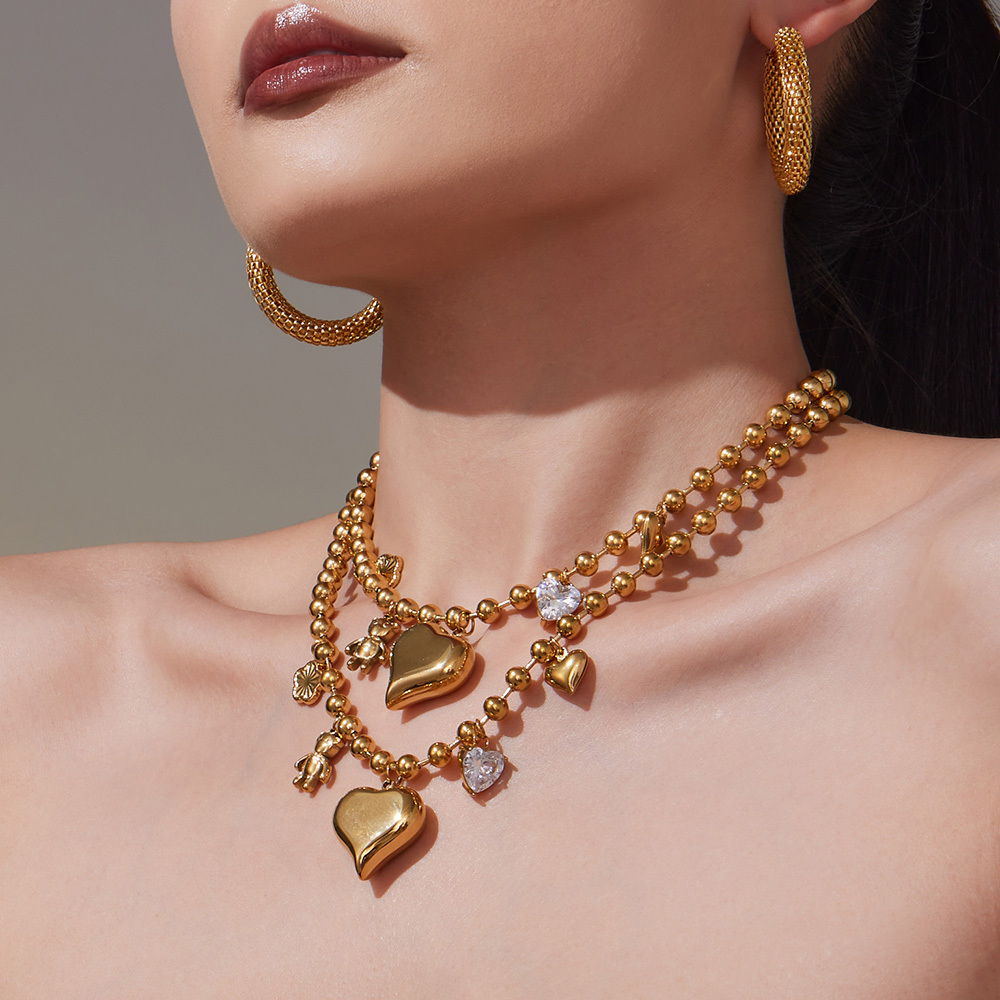 304 Stainless Steel Zircon Big Heart Bear Hollow Necklace Plated 18K Real Gold  Fashion Versatile Jewelry INS Style Gorgeous Novel Design