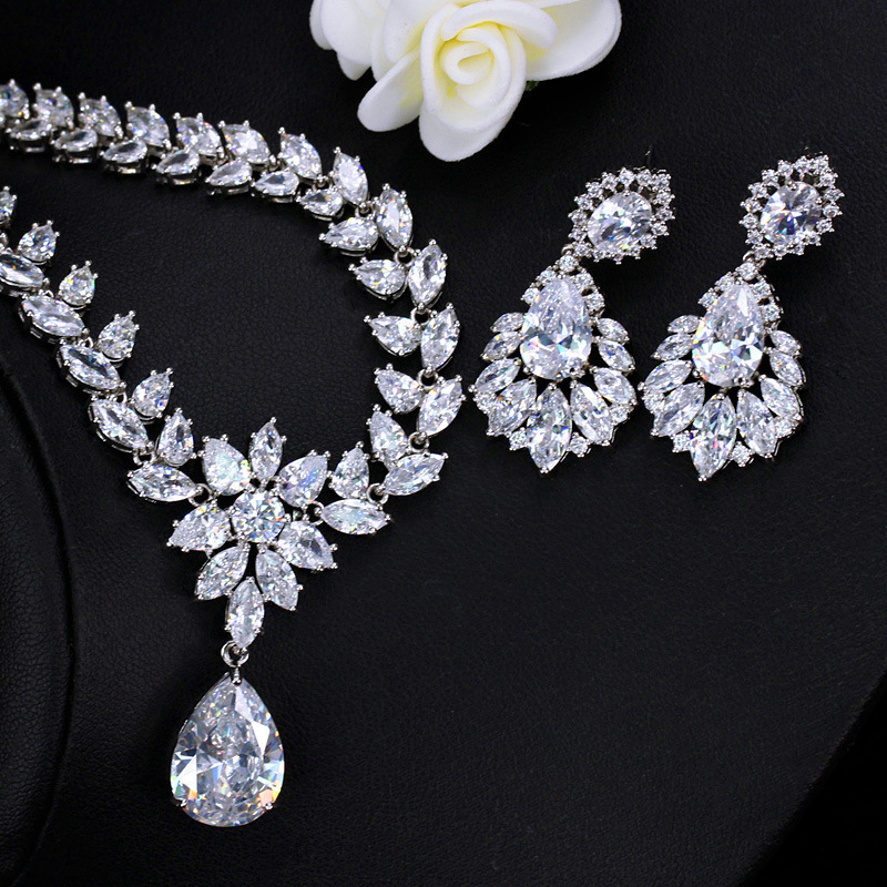 Banquet Birthday Date Copper Women's Zircon Silver Rhodium Plated Water Droplets Flower Jewelry Set